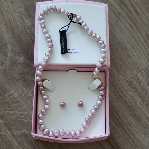 14kt Gold Pink Pearl Necklace Earrings Coquette Girl Femini Wedding Gift Box Set - Picture 1 of 1
